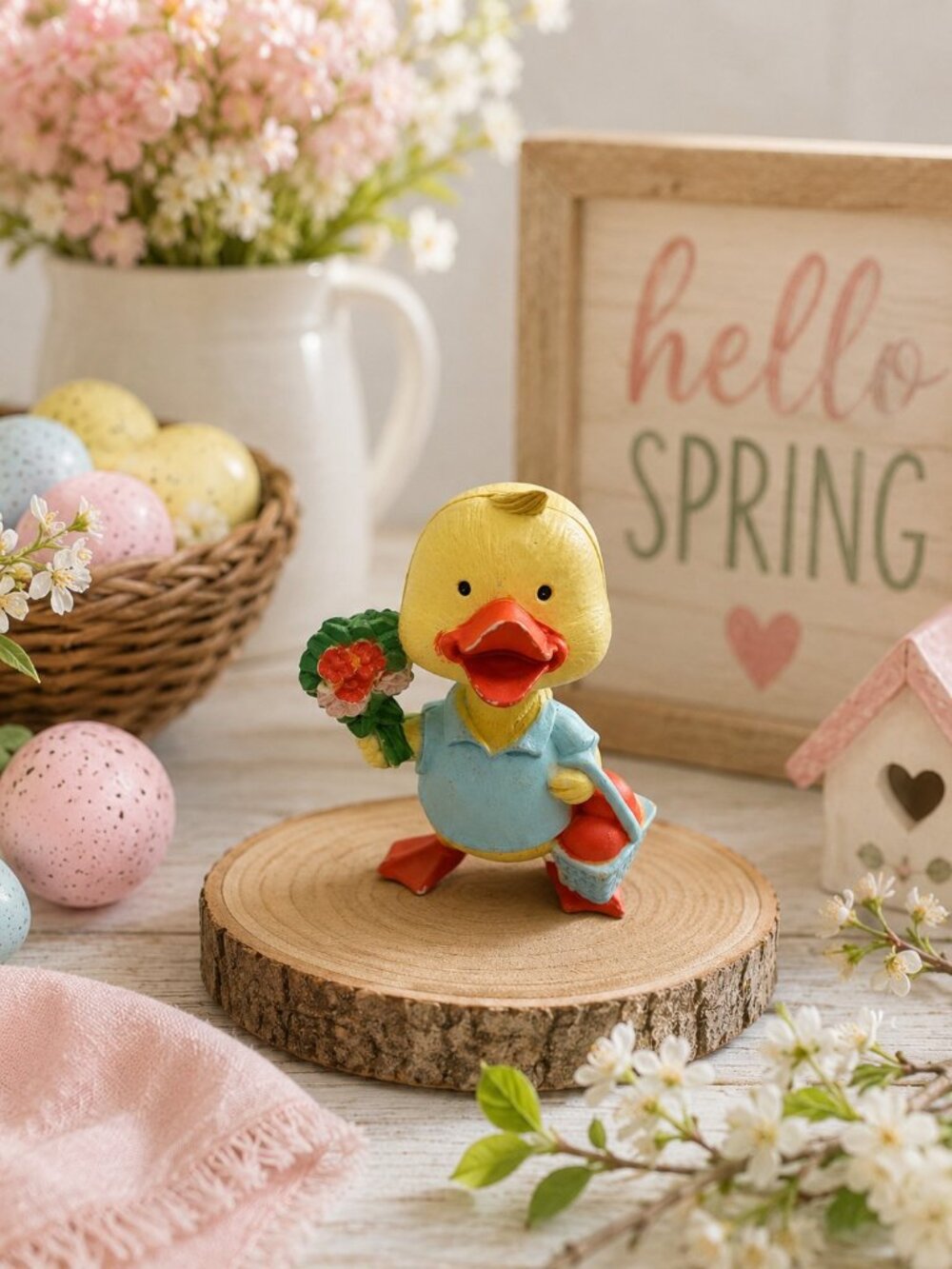 Vintage Duck Figurine Flowers Basket Resin Collectible Spring Easter Decor